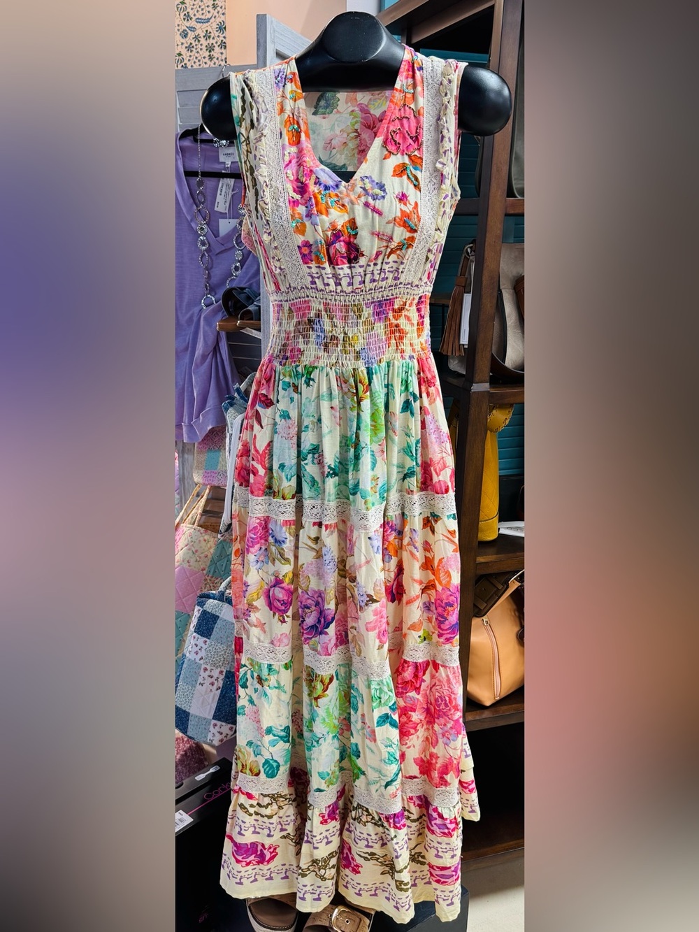 POL Cream Floral Maxi Dress with Pink, Green & Orange
